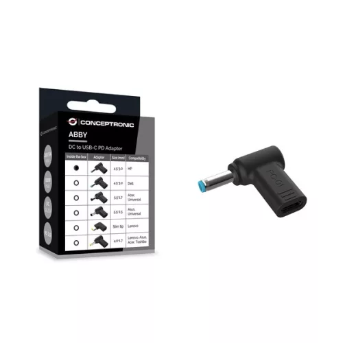 Conceptronic átalakító - ABBY15PC01 (USB-C to HP 4.5x3mm 18-20V, PD:100W, fekete)