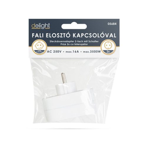 Delight 2-as fali elosztó, kapcsolóval, földelt, gyerekvédelemmel