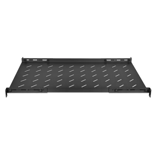 Manhattan Rackszekrény polc - 714082 (19", 1U, fix rögzítés, változtatható sínekkel: 350 - 550 mm mély, 20kg, fekete)