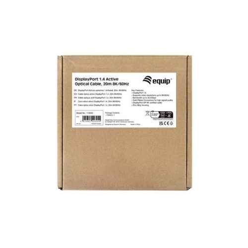 Equip Kábel - 119442 (Aktív, DisplayPort 1.4, apa/apa, 8K/60Hz, HDCP/HDR/DSC/MST, aranyozott, 20m)