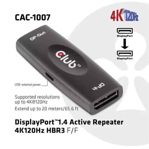 Club 3D Átalakító - CAC-1007 (DisplayPort 1.4, 4K120Hz HBR3, Aktív Ismétlő, F/F, 20m)