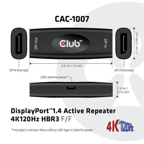 Club 3D Átalakító - CAC-1007 (DisplayPort 1.4, 4K120Hz HBR3, Aktív Ismétlő, F/F, 20m)