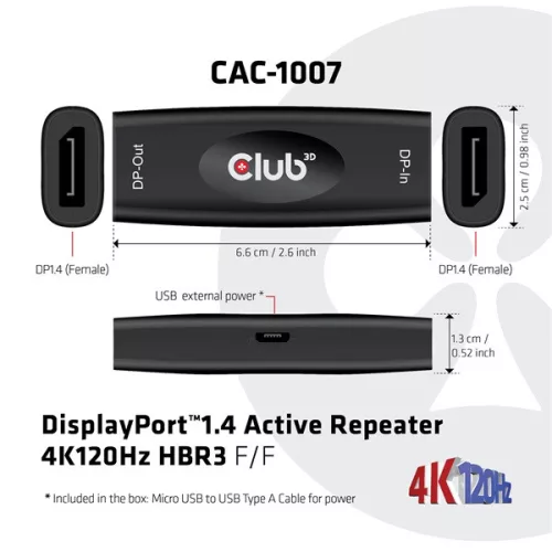 Club 3D Átalakító - CAC-1007 (DisplayPort 1.4, 4K120Hz HBR3, Aktív Ismétlő, F/F, 20m)