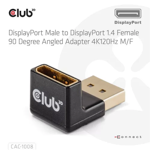 Club 3D Átalakító - CAC-1008 (90° DisplayPort  1.4,  M/F, 4K120Hz, univerzális)