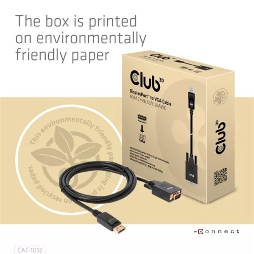 Club 3D Kábel - CAC-1012 (DisplayPort to VGA, 2m, 28AWG, Full HD 1080p, Aranyozott csatlakozók)