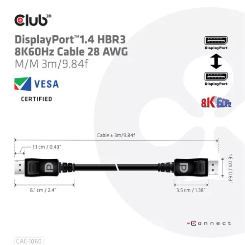 Club 3D Kábel - CAC-1060 (DisplayPort 1.4, 8K, 32.4Gbps, HBR3 8K, 28AWG, M/M, 3m)