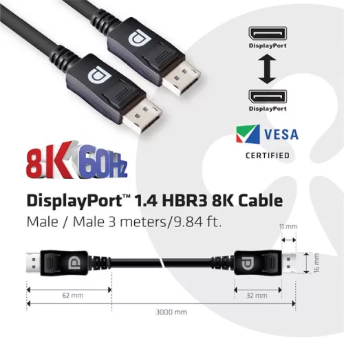 Club 3D Kábel - CAC-1060 (DisplayPort 1.4, 8K, 32.4Gbps, HBR3 8K, 28AWG, M/M, 3m)