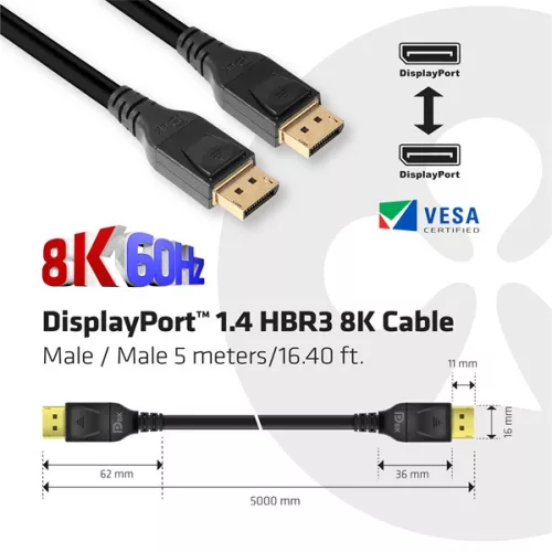 Club 3D Kábel - CAC-1061 (DisplayPort 1.4, HBR3, 8K60Hz, 5m, 32CH, Aranyozott, VESA, M/M)