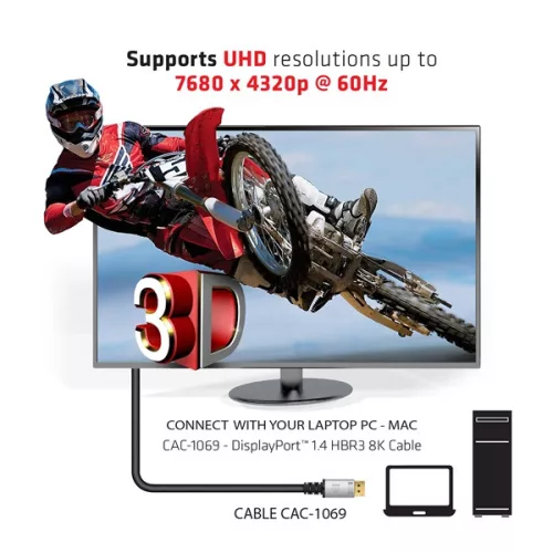 Club 3D Kábel - CAC-1069 (DisplayPort 1.4 HBR3 8K @60Hz, 32.4Gbps, 4m, 24AWG, DSC 1.2, VESA, M/M)