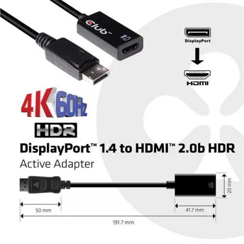 Club 3D Átalakító - CAC-1080 (DisplayPort 1.4 to HDMI 2.0, 4K60Hz, HDR, 3D aktív)