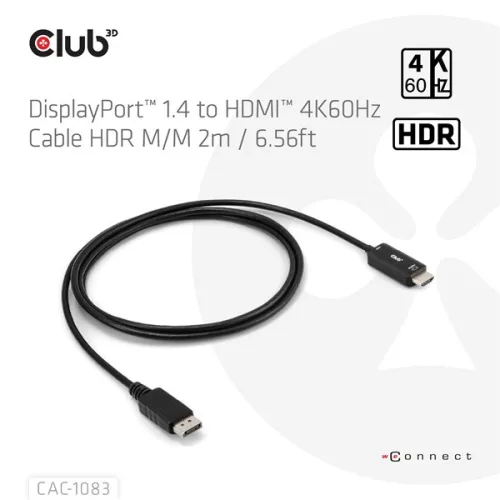 Club 3D Kábel - CAC-1083 (DisplayPort 1.4 to HDMI 2.0, aktív adapter, 4K60Hz, HDR, 2m)