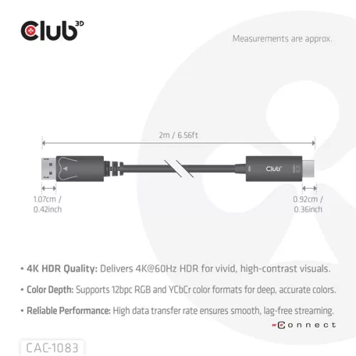 Club 3D Kábel - CAC-1083 (DisplayPort 1.4 to HDMI 2.0, aktív adapter, 4K60Hz, HDR, 2m)