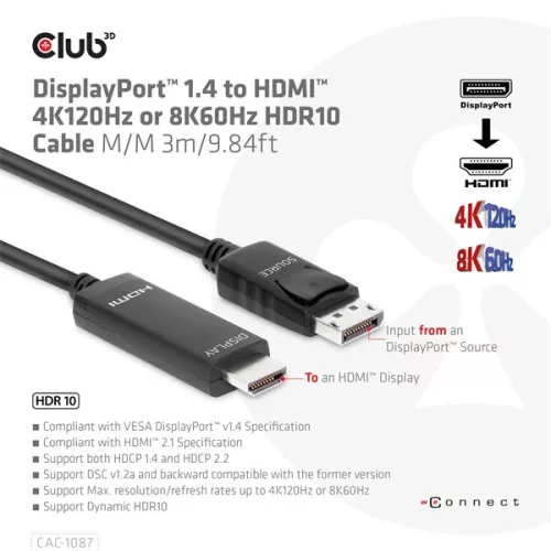 Club 3D Kábel - CAC-1087 (DisplayPort 1.4 to HDMI 8K60Hz HDR10, 3m, M/M)