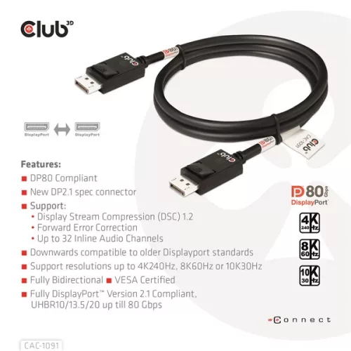 Club 3D Kábel - CAC-1091 (DisplayPort 2.1,  DP80, 4K240Hz, 1.2m, Bidirectional, M/M)