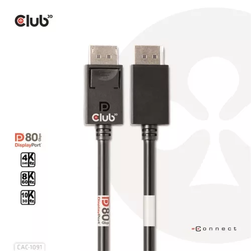 Club 3D Kábel - CAC-1091 (DisplayPort 2.1,  DP80, 4K240Hz, 1.2m, Bidirectional, M/M)