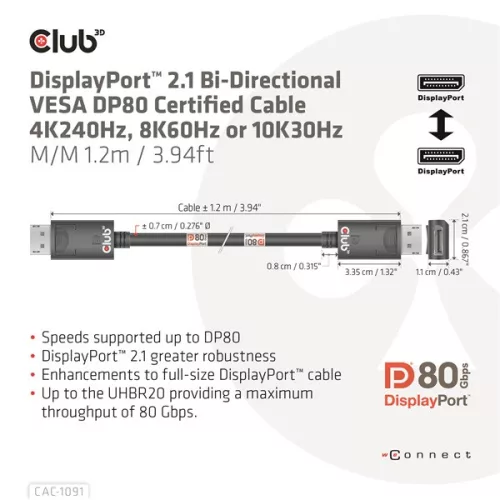 Club 3D Kábel - CAC-1091 (DisplayPort 2.1,  DP80, 4K240Hz, 1.2m, Bidirectional, M/M)