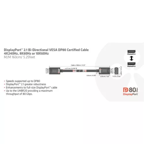 Club 3D Kábel - CAC-1091 (DisplayPort 2.1,  DP80, 4K240Hz, 1.2m, Bidirectional, M/M)