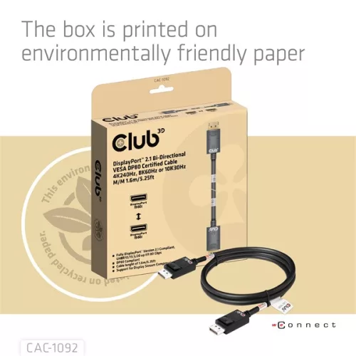 Club 3D Kábel - CAC-1092 (DisplayPort 2.1, DP80, 8K240Hz, 1.6m, Bi-Directional, M/M)
