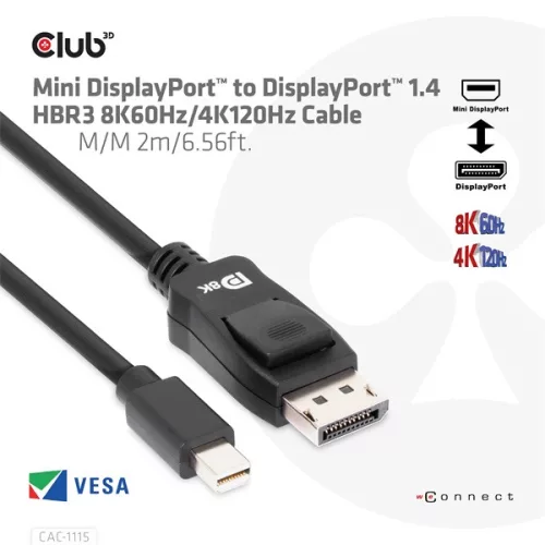 Club 3D Kábel - CAC-1115 (Mini DisplayPort to DisplayPort 1.4 HBR3, 8K60Hz/4K120Hz, 2m, kétirányú)