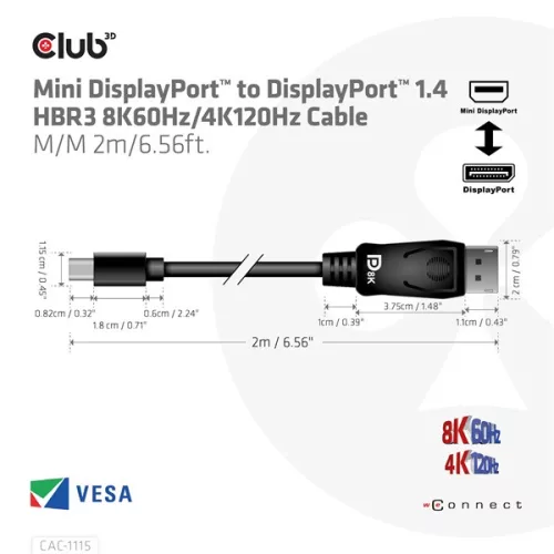 Club 3D Kábel - CAC-1115 (Mini DisplayPort to DisplayPort 1.4 HBR3, 8K60Hz/4K120Hz, 2m, kétirányú)