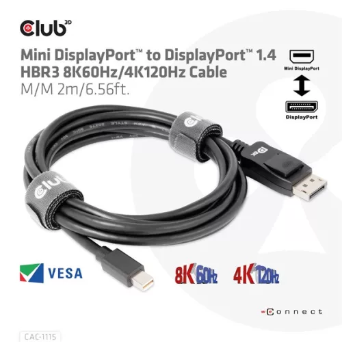 Club 3D Kábel - CAC-1115 (Mini DisplayPort to DisplayPort 1.4 HBR3, 8K60Hz/4K120Hz, 2m, kétirányú)