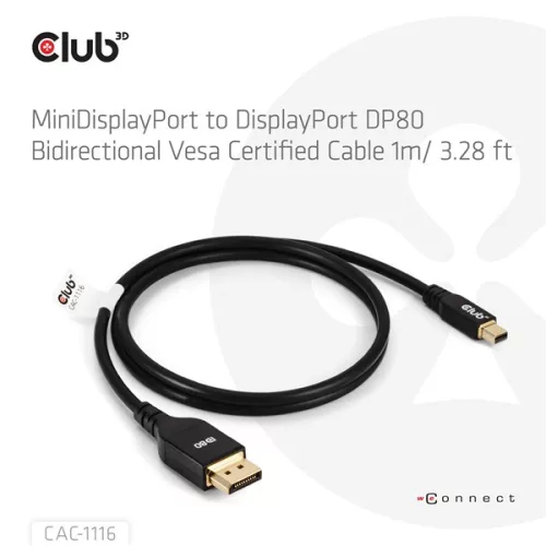Club 3D Kábel - CAC-1116 (Mini DisplayPort to DisplayPort, DP80, Bidirektional, VESA, 4K240Hz, 8K60Hz, 10K60Hz, 1m)