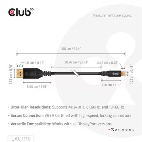 Club 3D Kábel - CAC-1116 (Mini DisplayPort to DisplayPort, DP80, Bidirektional, VESA, 4K240Hz, 8K60Hz, 10K60Hz, 1m)