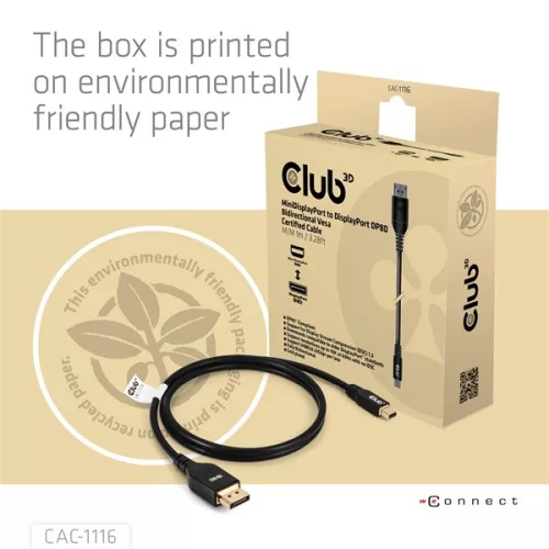 Club 3D Kábel - CAC-1116 (Mini DisplayPort to DisplayPort, DP80, Bidirektional, VESA, 4K240Hz, 8K60Hz, 10K60Hz, 1m)