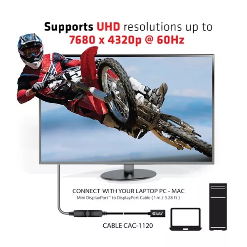 Club 3D Kábel - CAC-1120 (Mini DisplayPort 1.4 to DisplayPort, 8K60Hz, DSC1.2, HBR3, HDR, 1m, F/M, Kétirányú)