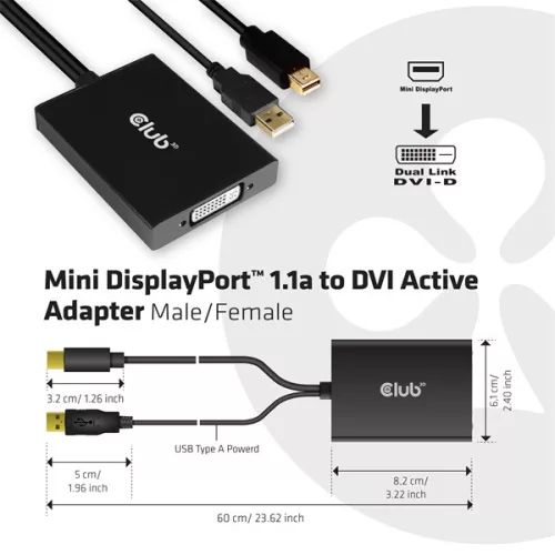 Club 3D Átalakító - CAC-1130 (Mini DisplayPort to Dual Link DVI-I Active, 4K30Hz)