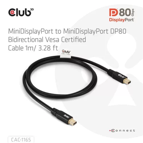 Club 3D Kábel - CAC-1165 (Mini DisplayPort  M/M, DP80, 80Gbps, 1m, 4K240Hz/8K60Hz/10K60Hz)