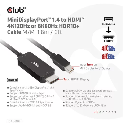 Club 3D Átalakító - CAC-1187 (Mini DisplayPort 1.4 to HDMI 4K120Hz / 8K60Hz HDR10+, 1.8m)