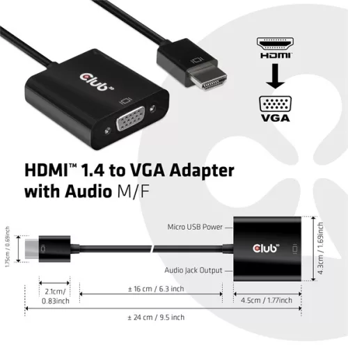 Club 3D Átalakító - CAC-1302 (HDMI 1.4 to VGA + Audio, 1080p@60Hz, Micro USB power)