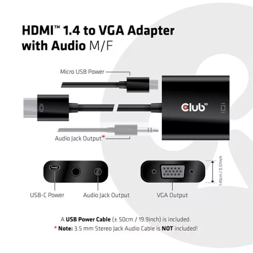Club 3D Átalakító - CAC-1302 (HDMI 1.4 to VGA + Audio, 1080p@60Hz, Micro USB power)