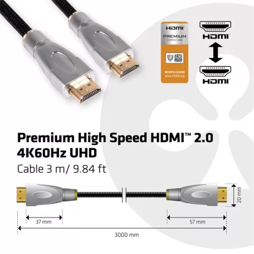 Club 3D Kábel - CAC-1310 (HDMI 2.0 Premium High Speed, 4K60Hz, 3m, UHD, ethernet, HDR, 18Gbps, Full HD 3D, M/M)