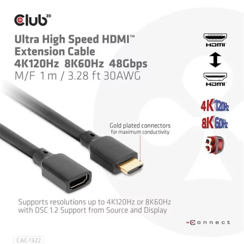 Club 3D Kábel - CAC-1322 (HDMI 2.1 Ultra High Speed, 4K120Hz 8K60Hz, 30AWG, 48Gbps, 1m, M/F)