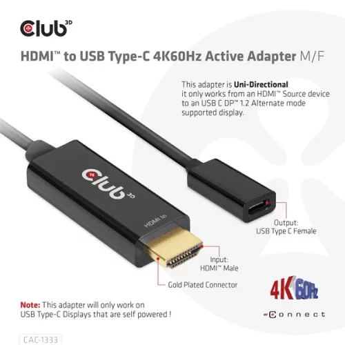 Club 3D Átalakító - CAC-1333 (HDMI to USB-C aktív, 4K60Hz, M/F)