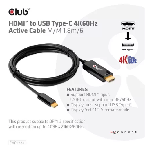 Club 3D Kábel - CAC-1334 (HDMI to USB-C, Aktív, M/M, 4K60Hz, 1.8m)