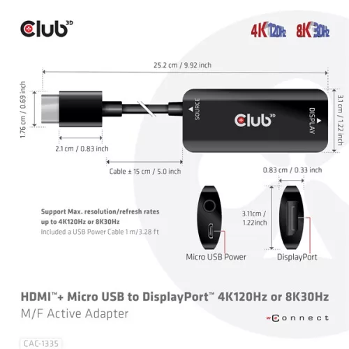 Club 3D Átalakító - CAC-1335 (HDMI+Micro USB to DisplayPort, 4K120Hz/8K30Hz, M/F, aktív)