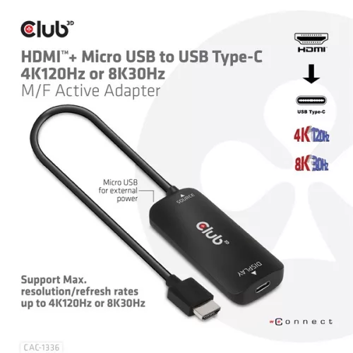 Club 3D Átalakító - CAC-1336 (HDMI+Micro USB to USB-C, 4K120Hz/8K30Hz)