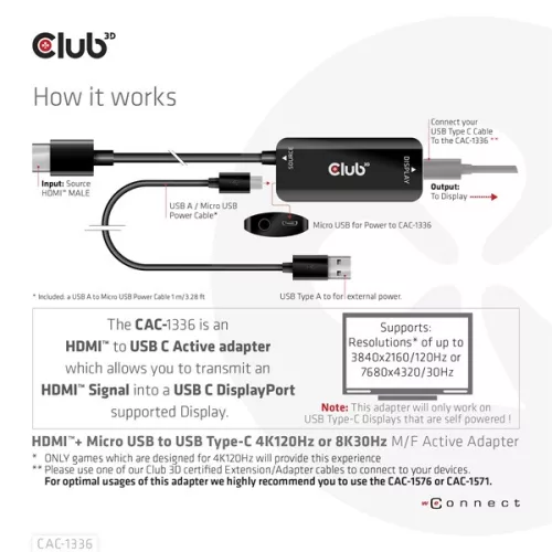 Club 3D Átalakító - CAC-1336 (HDMI+Micro USB to USB-C, 4K120Hz/8K30Hz)