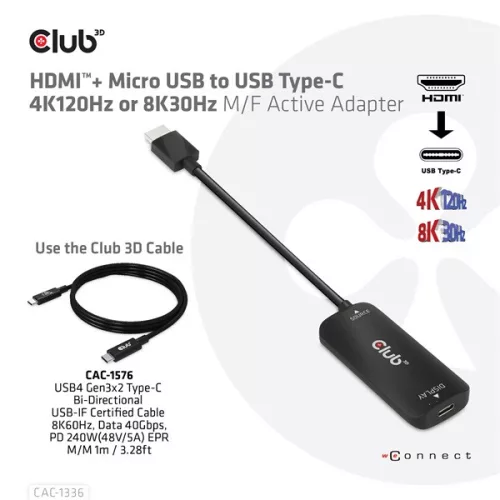 Club 3D Átalakító - CAC-1336 (HDMI+Micro USB to USB-C, 4K120Hz/8K30Hz)