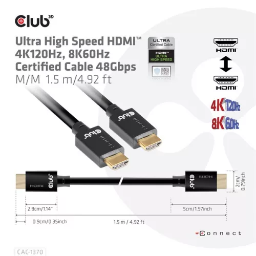 Club 3D Kábel - CAC-1370 (HDMI 2.1 Ultra High-Speed, 48Gbps, 4K120Hz, 8K60Hz, 1.5m, HDMI M/M, alacsony EMI, VRR, QMS)