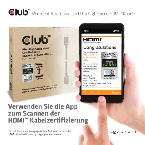Club 3D Kábel - CAC-1370 (HDMI 2.1 Ultra High-Speed, 48Gbps, 4K120Hz, 8K60Hz, 1.5m, HDMI M/M, alacsony EMI, VRR, QMS)