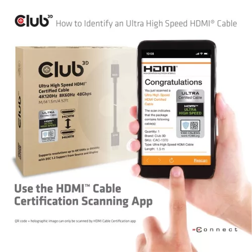 Club 3D Kábel - CAC-1370 (HDMI 2.1 Ultra High-Speed, 48Gbps, 4K120Hz, 8K60Hz, 1.5m, HDMI M/M, alacsony EMI, VRR, QMS)