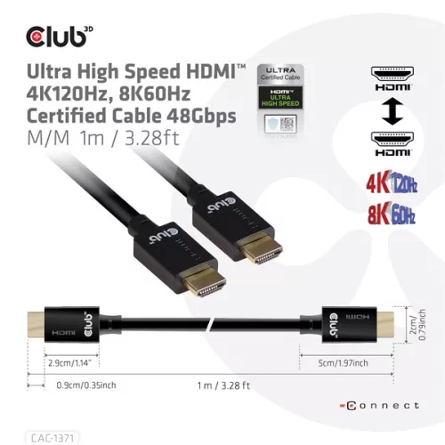 Club 3D Kábel - CAC-1371 (HDMI 2.1 Ultra High Speed, 4K120Hz, 8K60Hz, 48Gbps, M/M, 1m)