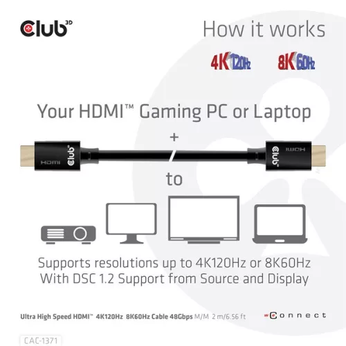 Club 3D Kábel - CAC-1371 (HDMI 2.1 Ultra High Speed, 4K120Hz, 8K60Hz, 48Gbps, M/M, 1m)