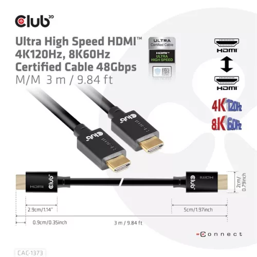 Club 3D Kábel - CAC-1373 (HDMI 2.1 Ultra High-Speed, 48Gbps, 4K120Hz, 8K60Hz, M/M, 3m)