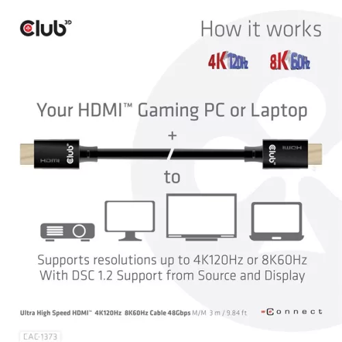 Club 3D Kábel - CAC-1373 (HDMI 2.1 Ultra High-Speed, 48Gbps, 4K120Hz, 8K60Hz, M/M, 3m)