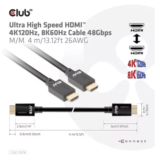 Club 3D Kábel - CAC-1374 (HDMI 2.1 Ultra High-Speed, M/M, 4K120Hz, 8K60Hz, 48Gbps, 4m, 26AWG)